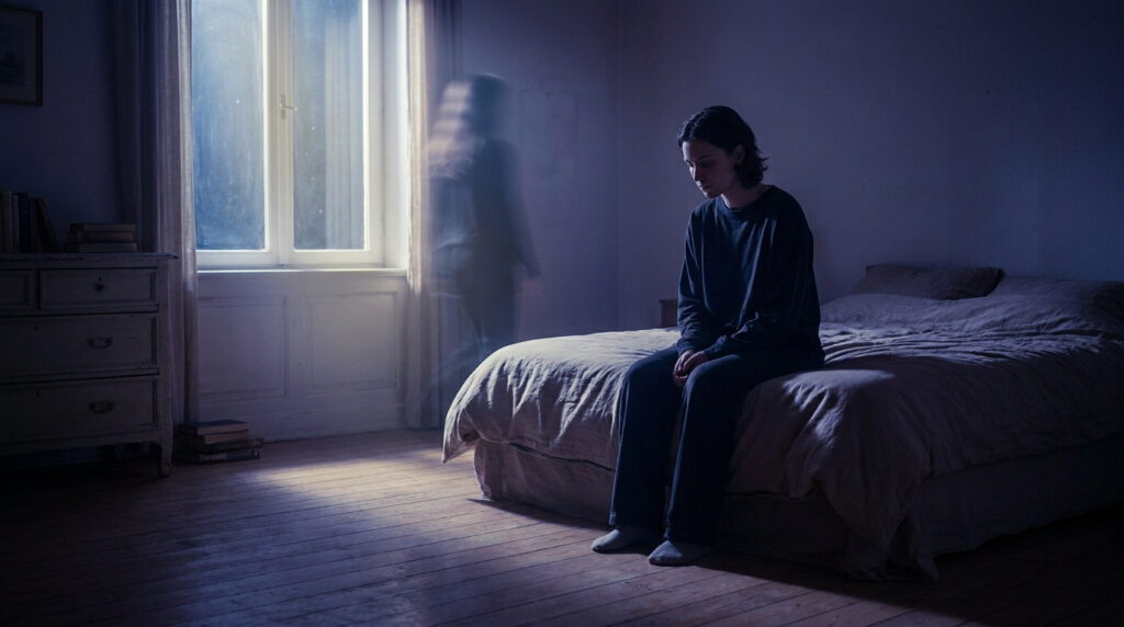 Une personne assise seule sur son lit dans une chambre sombre, avec une silhouette fantomatique floue à côté d'elle.