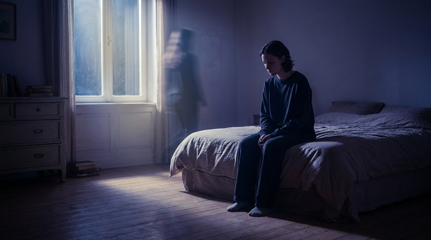 Une personne assise seule sur son lit dans une chambre sombre, avec une silhouette fantomatique floue à côté d'elle.