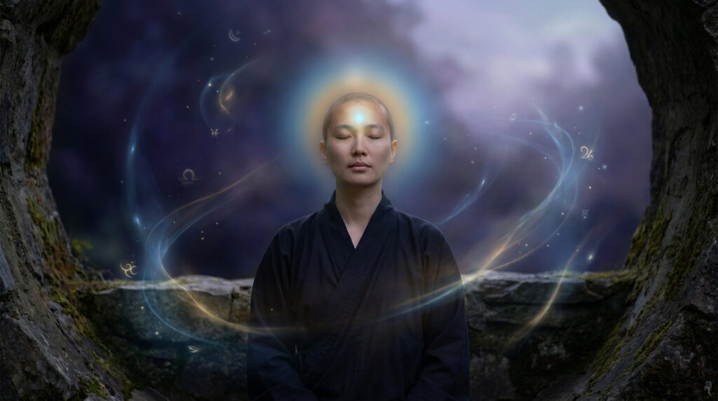 Personne en tenue de méditation avec une aura lumineuse et des symboles ésotériques flottants autour d'elle.