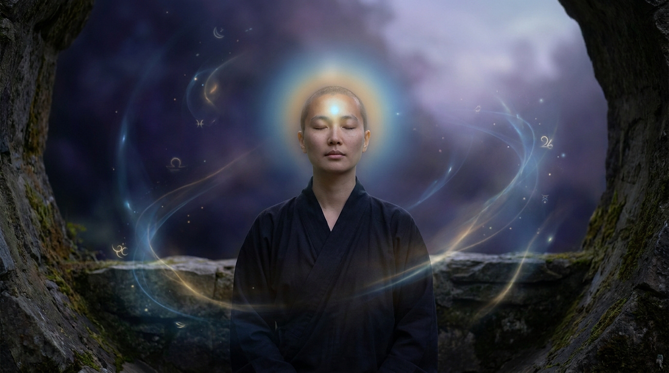 Personne en tenue de méditation avec une aura lumineuse et des symboles ésotériques flottants autour d'elle.