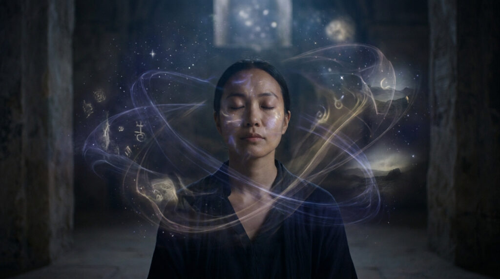 Une femme méditant dans l'obscurité, entourée de volutes lumineuses symbolisant des visions oniriques.