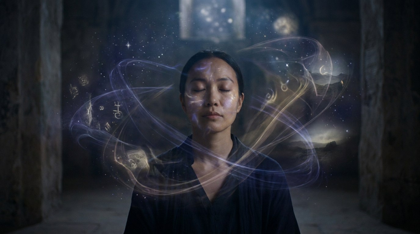 Une femme méditant dans l'obscurité, entourée de volutes lumineuses symbolisant des visions oniriques.