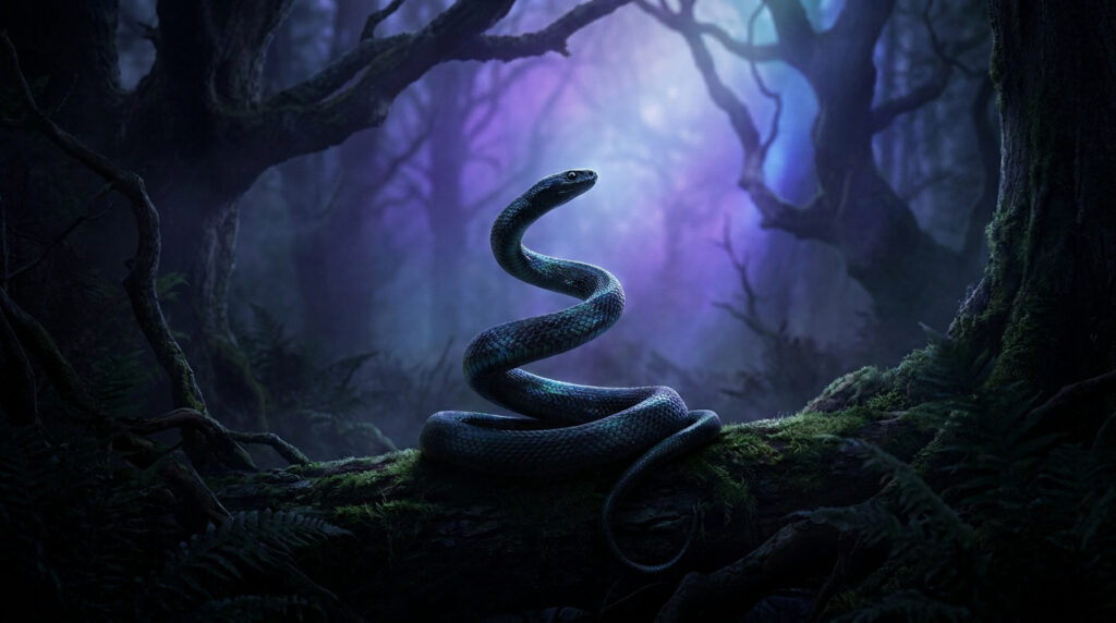 Un serpent noir lové sur un tronc moussu dans une forêt mystique baignée d'une lueur violette.